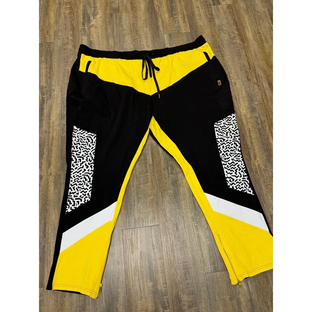 Makobi‎ Mens 6XB Yellow Black Geometric Colorblock T-Shirt and Joggers Set MS555